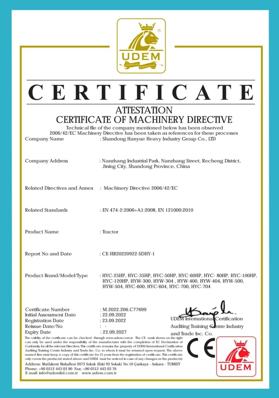 Cina Shandong Hanyue Heavy Industry Group Co., Ltd. Sertifikasi