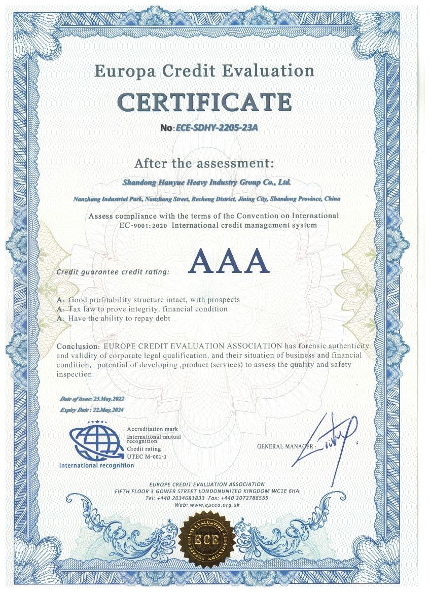 Cina Shandong Hanyue Heavy Industry Group Co., Ltd. Sertifikasi